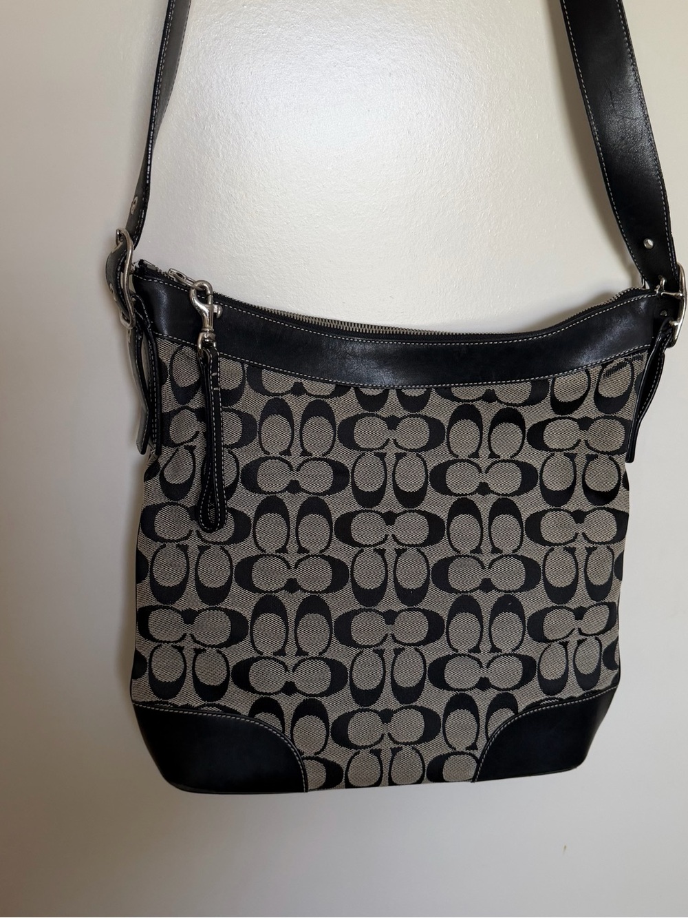 COACH Crossbody Bag Canvas Monogram Leather Trim Pre-Loved